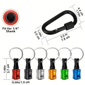 A set of six multi-colored 1/4 inch bit holder keychains with quick-change functionality and a metal key ring.
